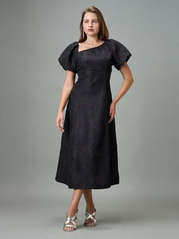 PEACH & PANDA - Black Polycotton Balloon Sleeve Self Design Asymmetrical Dress