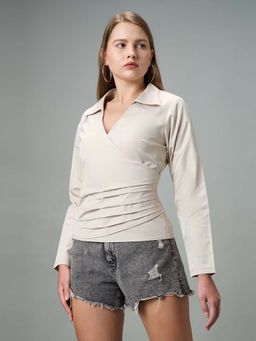 PEACH & PANDA - Beige Cotton Blend Full Sleeves Solid V-Neck Top