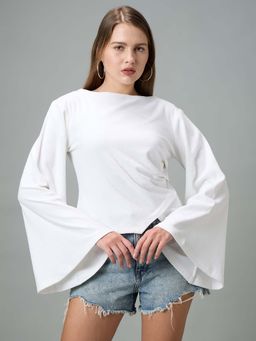 PEACH & PANDA - White Cotton Lycra Full Sleeves Solid Boat Neck Top