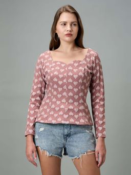 PEACH & PANDA - Mauve Polycotton Full Sleeves Printed Sweetheart Top
