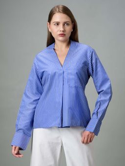 PEACH & PANDA - Blue Polycotton Full Sleeves Stripes V-Neck Top