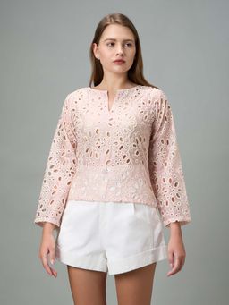 PEACH & PANDA - Pink Organza Full Sleeves Self Design V-Neck Top