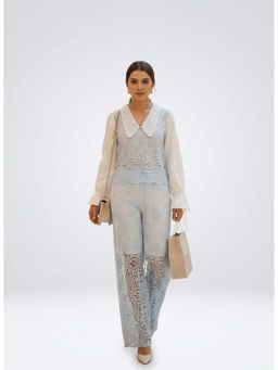 Dodo & Moa - Blue Cotton Bell Sleeves Self Design V-Neck Top with Pant