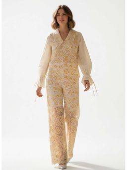 Dodo & Moa - Yellow Cotton Bell Sleeves Self Design Collar Neck Top with Pant