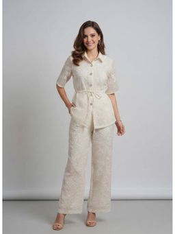 Dodo & Moa - Off White Polyester Half Sleeves Shirt with Pant