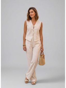 Dodo & Moa - Off White Cotton Sleeveless Self Design V-Neck Top with Pant
