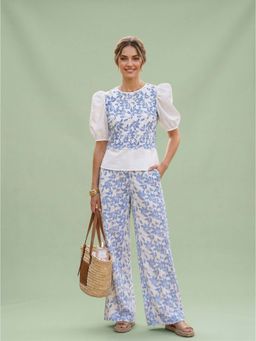 Dodo & Moa - Blue Cotton Puff Sleeves Printed Round Neck Top With Pant