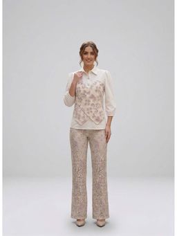 Dodo & Moa - Off White Cotton Design Collar Neck Top with Pant