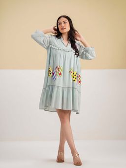 ZUMMER - Green Cotton Self Design Collar Neck Dress