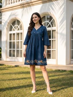 ZUMMER - Blue Cotton Embroidered V-Neck Dress