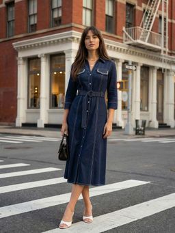 ZUMMER - Navy Blue Denim Solid Collar Neck Dress With Belt