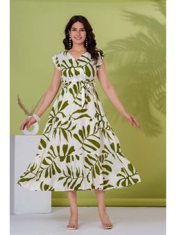 PIMU - Green Rayon Sleeveless V-Neck Floral Dress