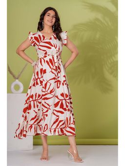 PIMU - Red Rayon Sleeveless V-Neck Printed Dress