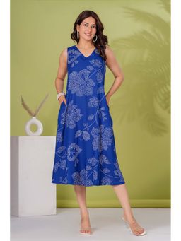 PIMU - Blue Rayon Sleeveless V-Neck Printed Dress
