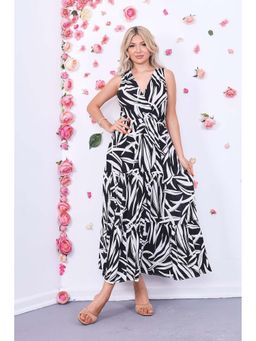 PIMU - Black Rayon Sleeveless V-Neck Printed Dress