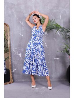 PIMU - Blue Rayon Sleeveless V-Neck Printed Dress