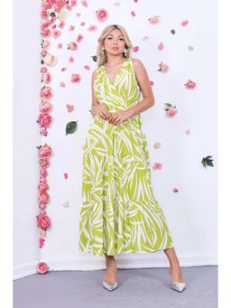 PIMU - Green Rayon Sleeveless V-Neck Printed Dress