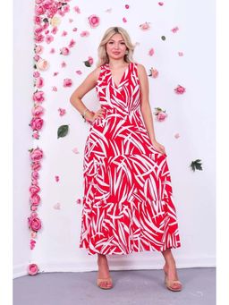 PIMU - Red Rayon Sleeveless V-Neck Printed Dress