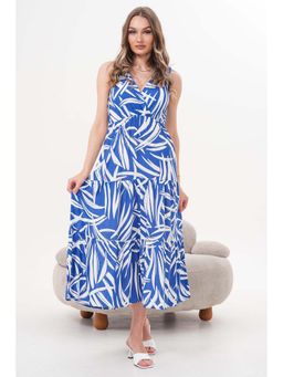 PIMU - Blue Rayon Sleeveless V-Neck Printed Dress