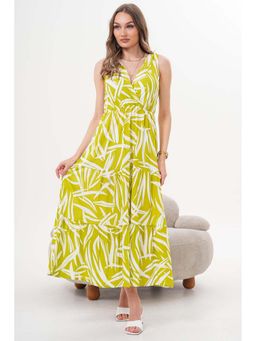 PIMU - Green Rayon Sleeveless V-Neck Printed Dress