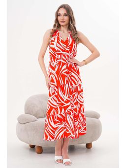 PIMU - Red Rayon Sleeveless V-Neck Printed Dress