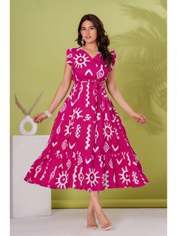 PIMU - Pink Rayon Sleeveless V-Neck Printed Dress