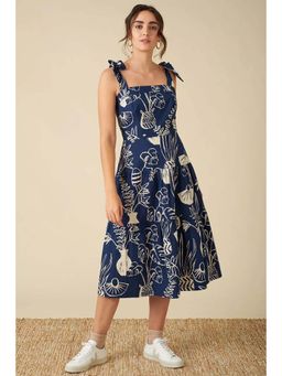 PIMU - Navy Blue Rayon Sleeveless Square Neck Printed Dress
