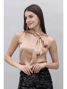 PURYS - Beige Satin Sleeveless Solid Tie Up Neck Top