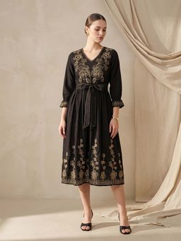 ZUMMER - Black Cotton Embroidered V-Neck Dress