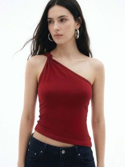 Outzidr - Red Cotton Lycra Solid Asymmetrical Crop Top