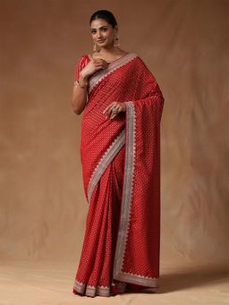 Sareemall - Women Vichitra Silk Red Printed Belted Sarees with Unstitched Blouse