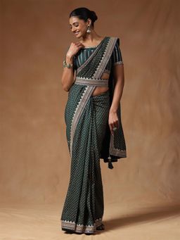Sareemall - Women Vichitra Silk Green Printed Belted Sarees with Unstitched Blouse