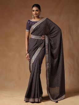 Sareemall - Women Vichitra Silk Purple Printed Belted Sarees with Unstitched Blouse