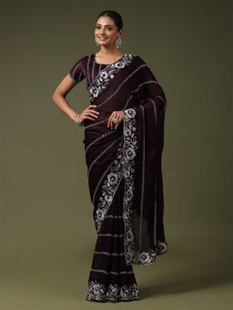 Sareemall - Women Satin Silk Purple Embroidered Saree with Unstitched Blouse