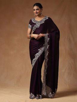 Sareemall - Women Satin Silk Purple Embroidered Saree with Unstitched Blouse