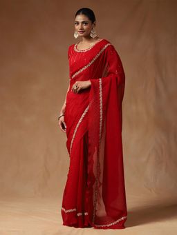 Sareemall - Women Tissue Red Embellished Saree with Unstitched Blouse