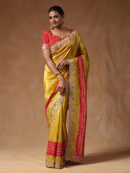 Sareemall - Women Tissue Yellow Embellished Saree with Unstitched Blouse