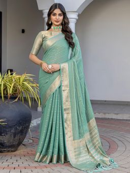 Sareemall - Women Georgette Sea Green Woven Design Saree with Unstitched Blouse