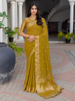 Sareemall - Women Georgette Olive Woven Design Saree with Unstitched Blouse