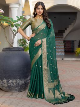 Sareemall - Women Georgette Green Woven Design Saree with Unstitched Blouse