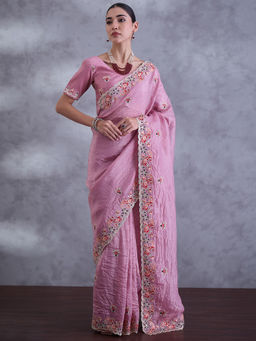 Sareemall - Women Paper Silk Purple Embroidered Saree with Unstitched Blouse