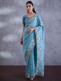 Sareemall - Women Paper Silk Light Blue Embroidered Saree with Unstitched Blouse