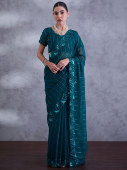 Sareemall - Women Chiffon Teal Blue Embellished Saree with Unstitched Blouse