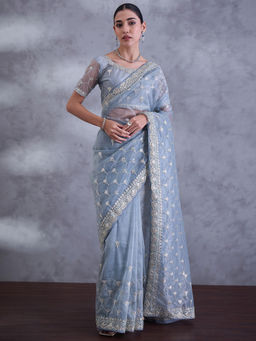 Sareemall - Women Net Silver Embellished Saree with Unstitched Blouse