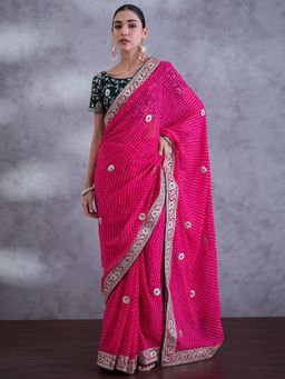 Sareemall - Women Georgette Green Embroidered Saree with Unstitched Blouse