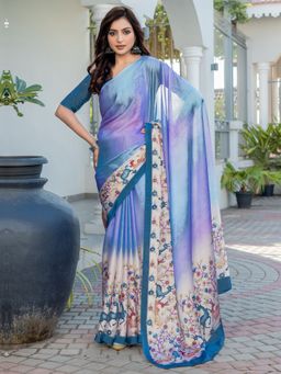 Sareemall - Women Satin Light Blue Printed Saree with Unstitched Blouse