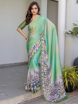 Sareemall - Women Satin Light Green Printed Saree with Unstitched Blouse