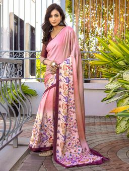 Sareemall - Women Satin Peach Printed Saree with Unstitched Blouse