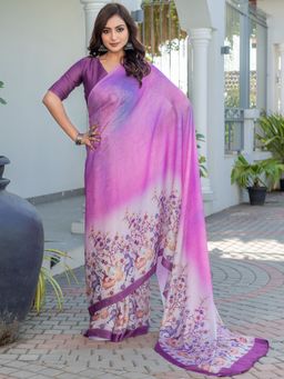 Sareemall - Women Satin Purple Printed Saree with Unstitched Blouse