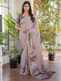 Sareemall - Women Satin Beige Printed Saree with Unstitched Blouse